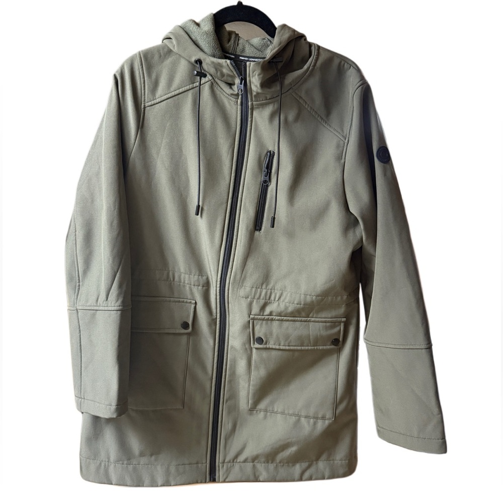 French connection Green women’s weather resistant rain zip up hooded Jacket Sz L